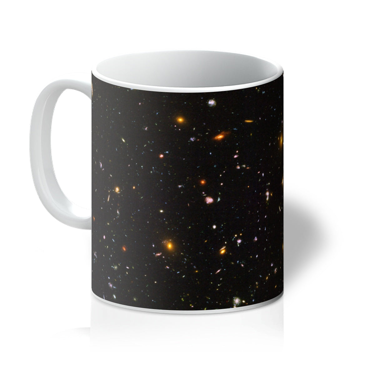 James Webb Deep Field 11oz white mug printed with thousands of distant galaxies, handle on the left