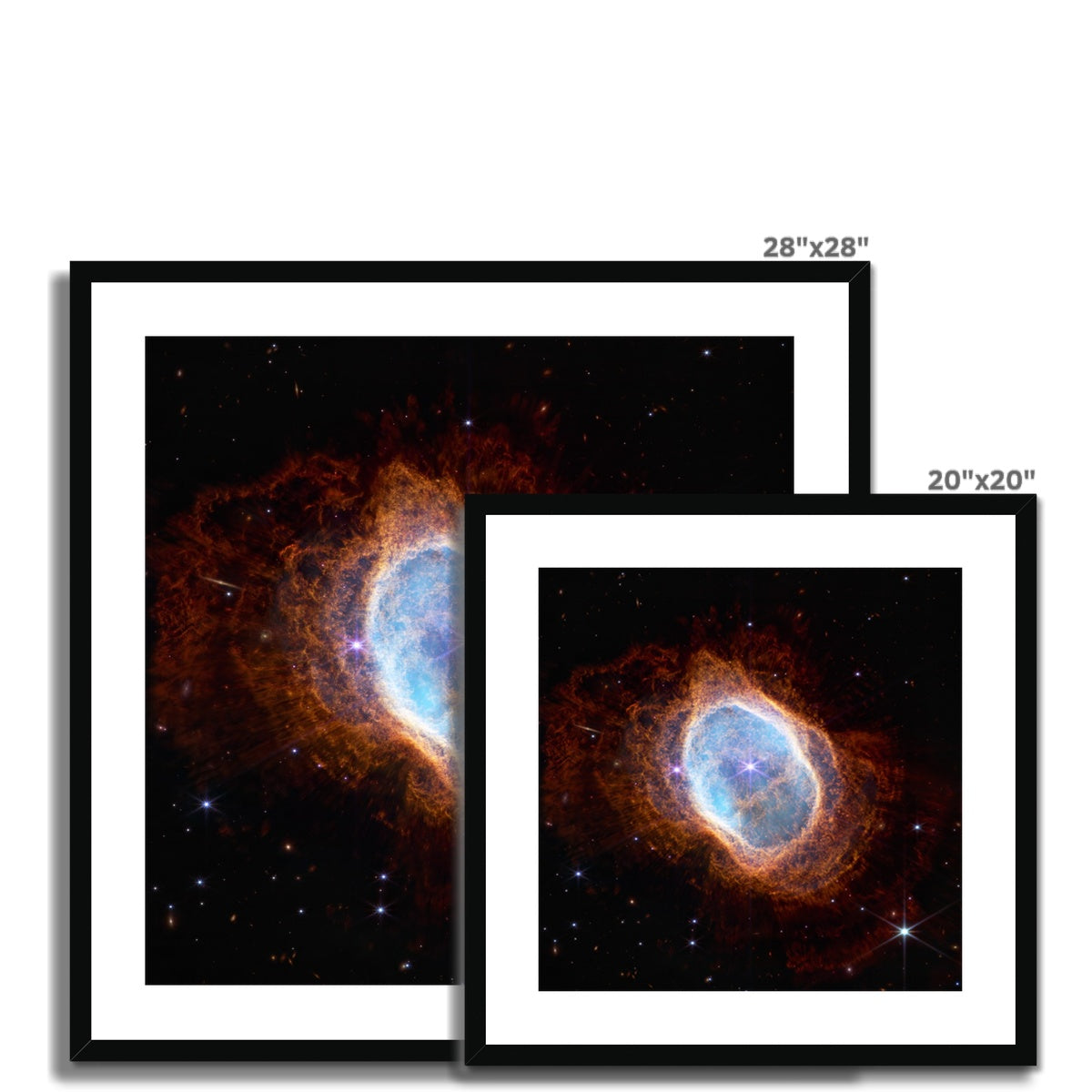 Size comparison of Southern Ring Nebula framed and mounted prints in 28x28 and 20x20 inch