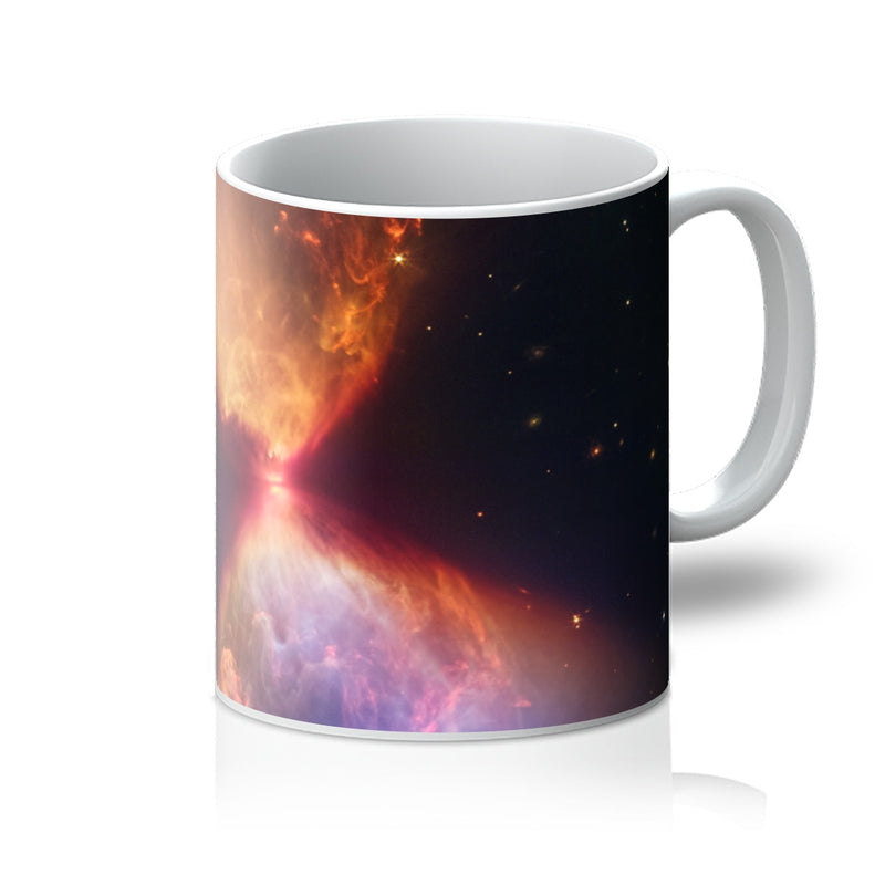 L1527 Nebula and Protostar 11oz white mug printed with a young star inside an hourglass of gas and dust, handle on the right