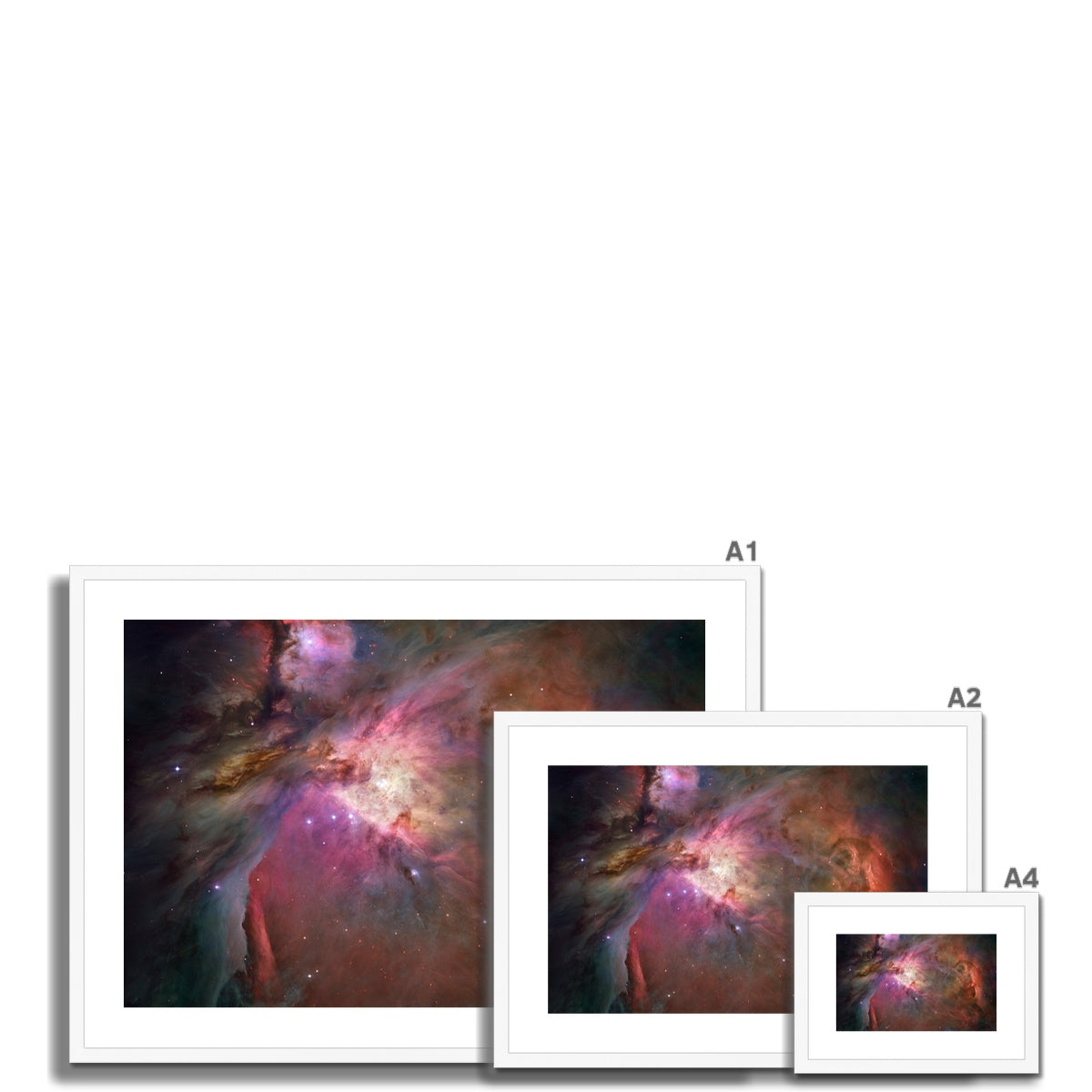 Size comparison of Orion Nebula framed and mounted prints in a white frame, in different sizes
