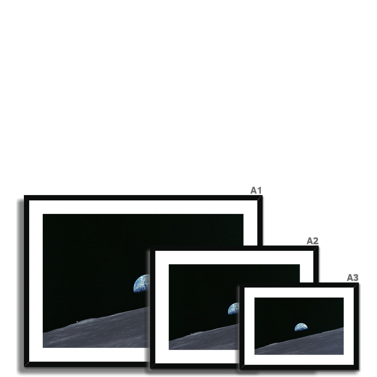 Size comparison of Earthrise framed and mounted prints in A1, A2 and A3 landscape