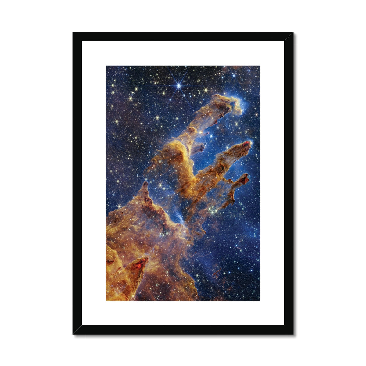 Pillars of Creation framed and mounted print in a black frame, a James Webb Space Telescope image of towering gas and dust columns, front view
