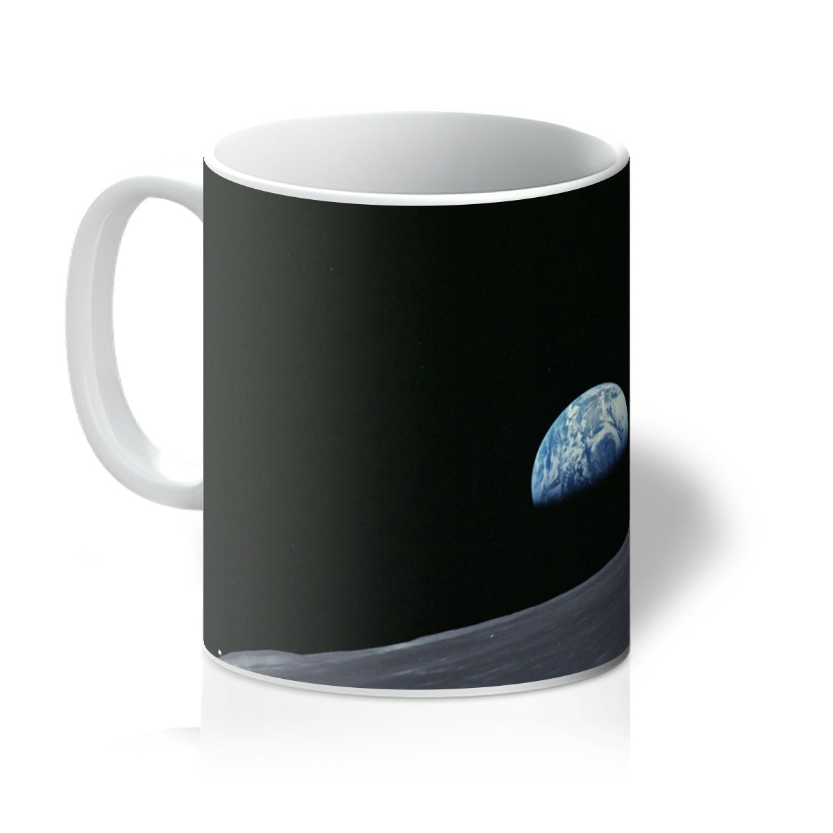 Earthrise 11oz white mug printed with Earth rising over the Moon, handle on the left