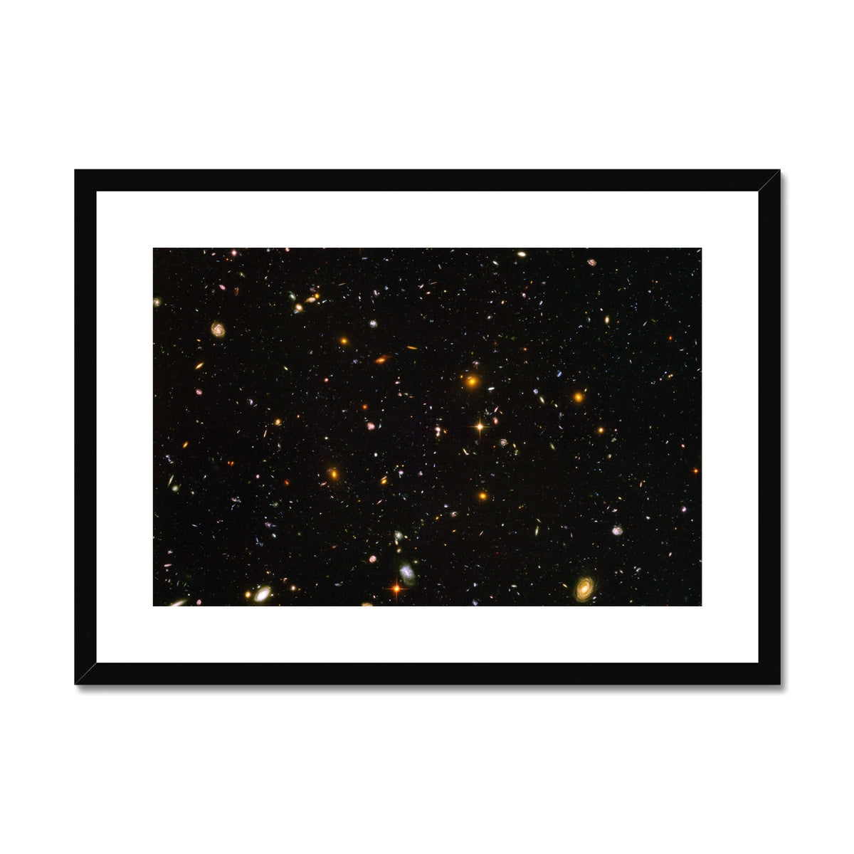 JWST Deep Field framed and mounted print, a James Webb Space Telescope image of thousands of galaxies in a black frame, front view