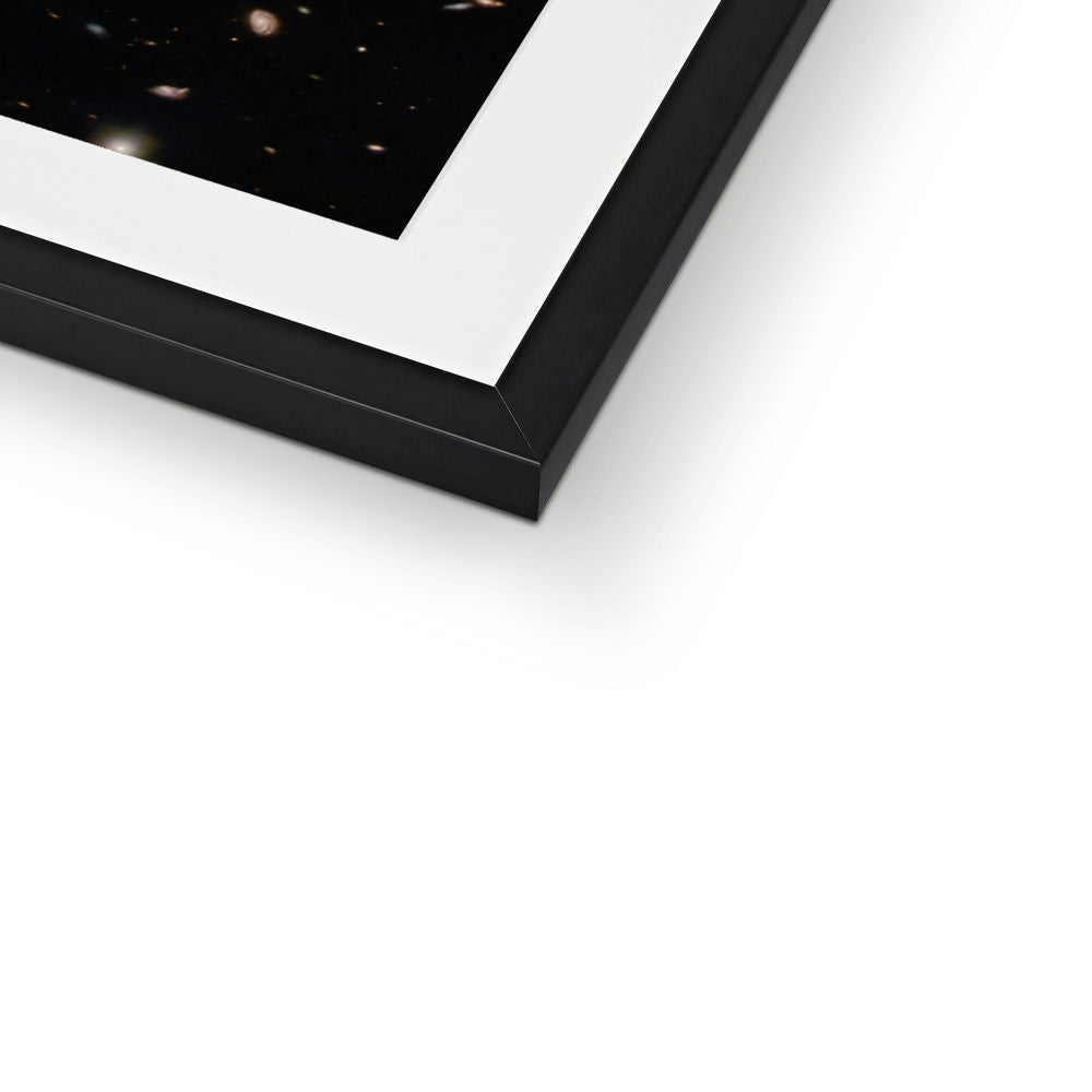 Close-up of the bottom corner of a Spiral Amongst Thousands framed print showing the black frame and white mount