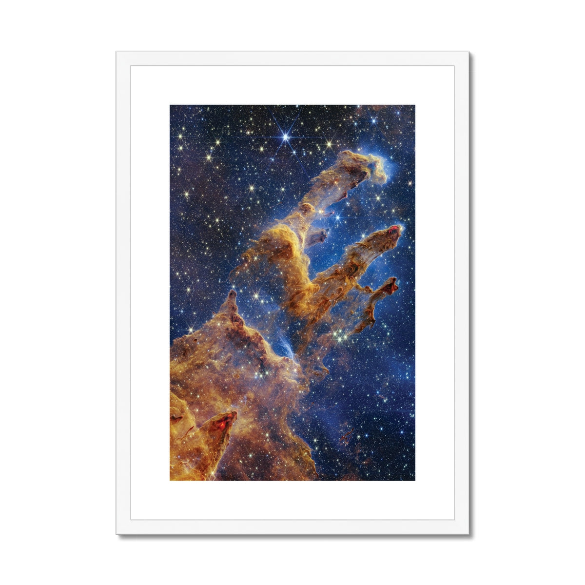 Pillars of Creation framed and mounted print in a white frame, a James Webb Space Telescope image of towering gas and dust columns, front view