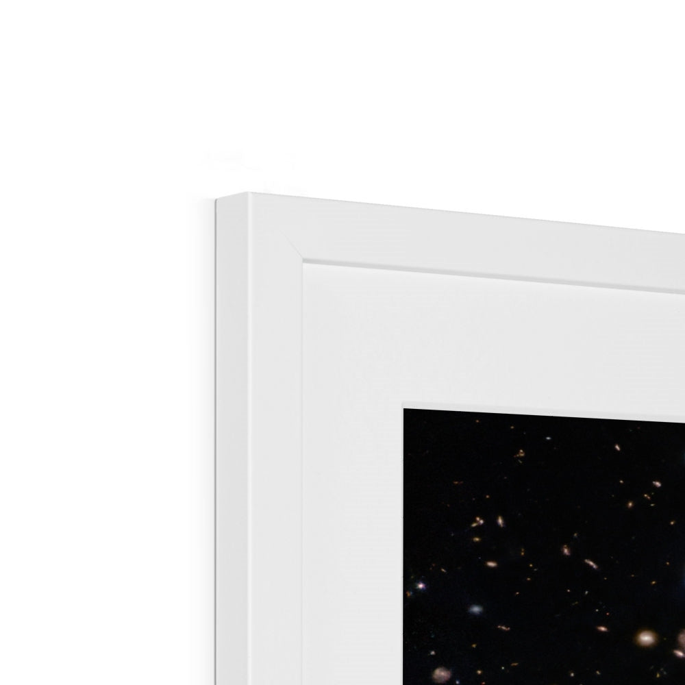 Close-up of the top corner of a Spiral Amongst Thousands framed print showing the white frame, white mount and image