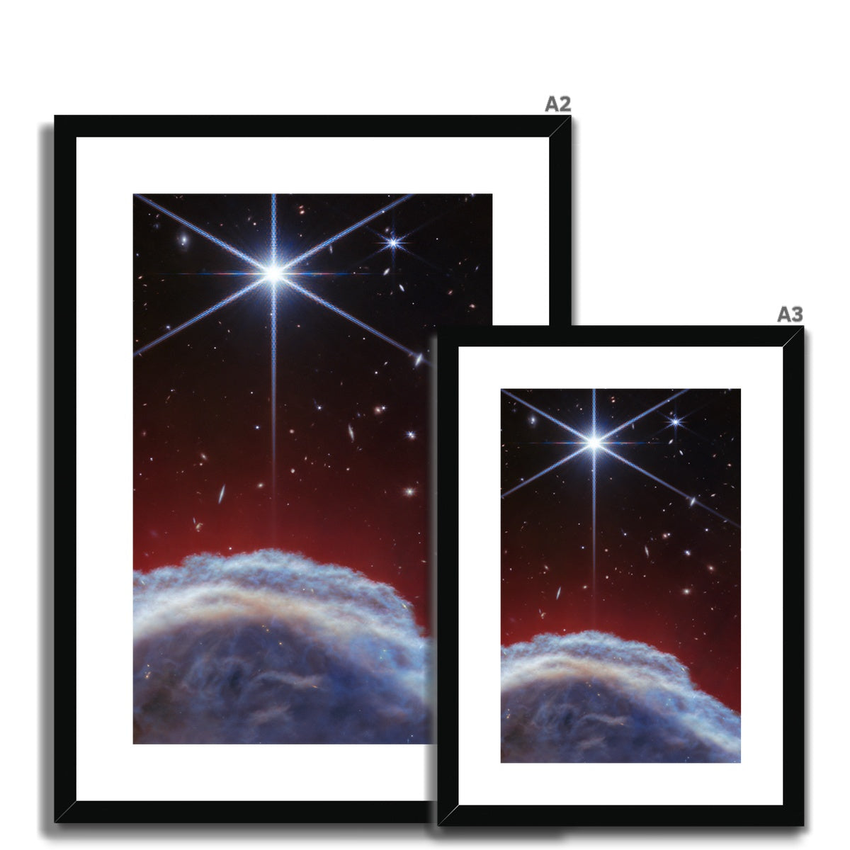 Size comparison of Behind the Horsehead Nebula framed and mounted prints in a black frame, in different sizes