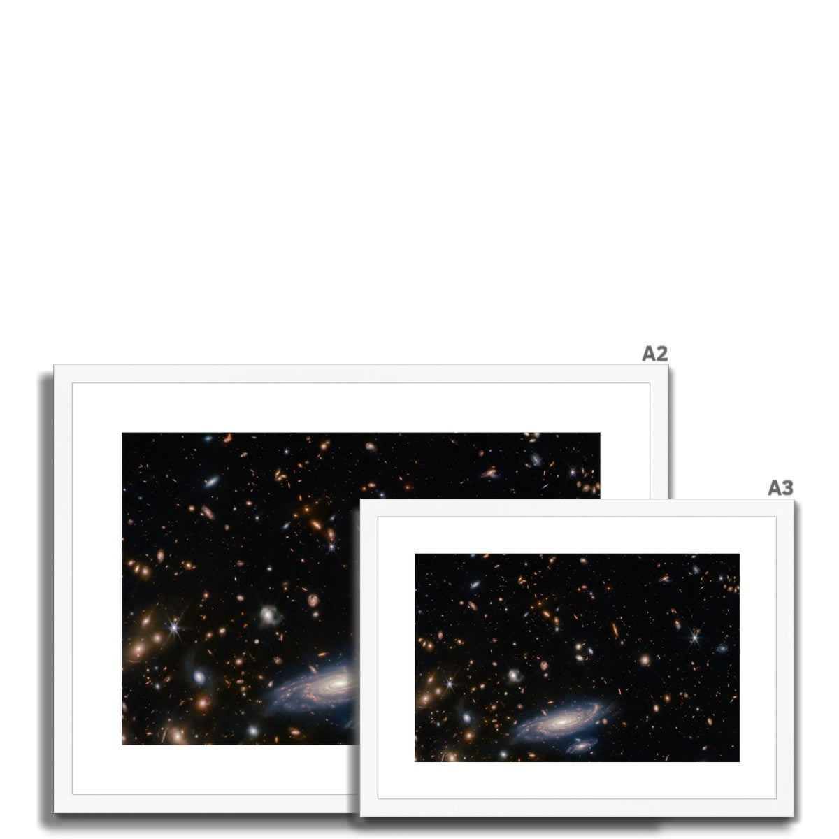 Size comparison of Spiral Amongst Thousands framed and mounted prints in a white frame, A3 and A2