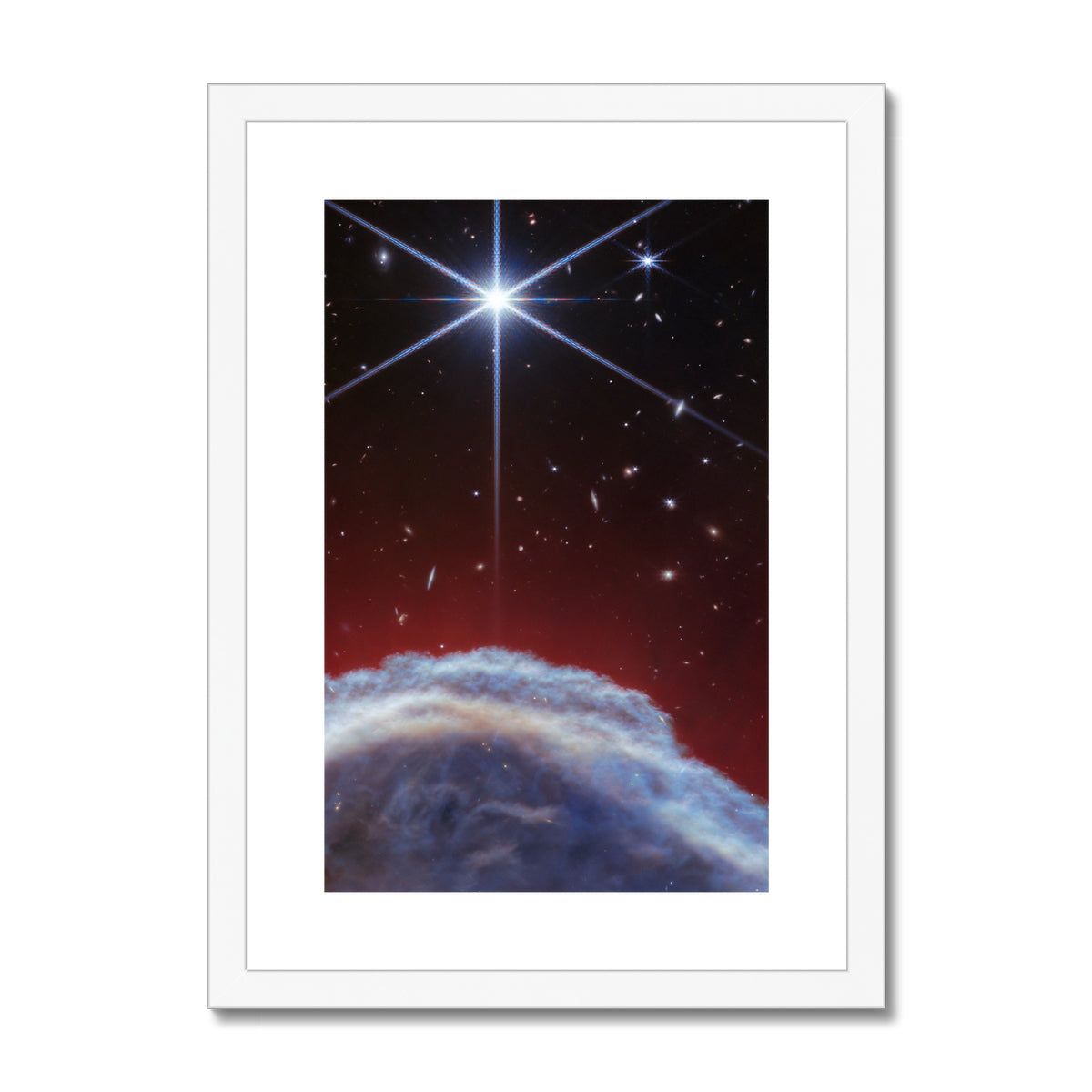 Behind the Horsehead Nebula framed and mounted print in a white frame, a James Webb Space Telescope infrared image of the Horsehead Nebula, front view