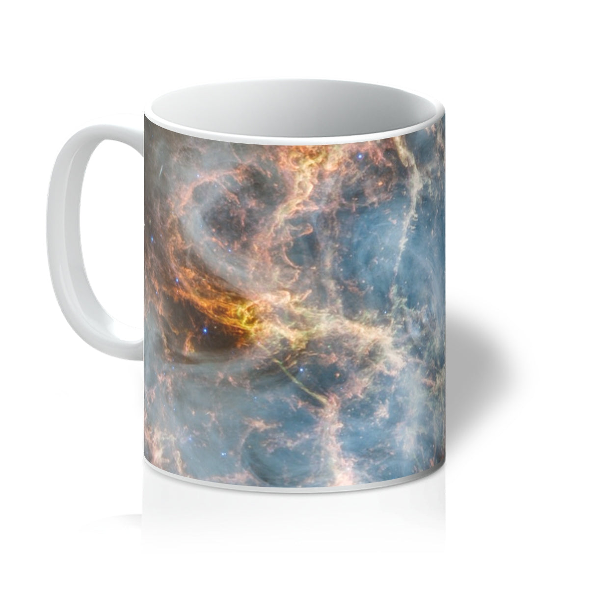 Crab Nebula 11oz white mug printed with glowing filaments of gas, handle on the right