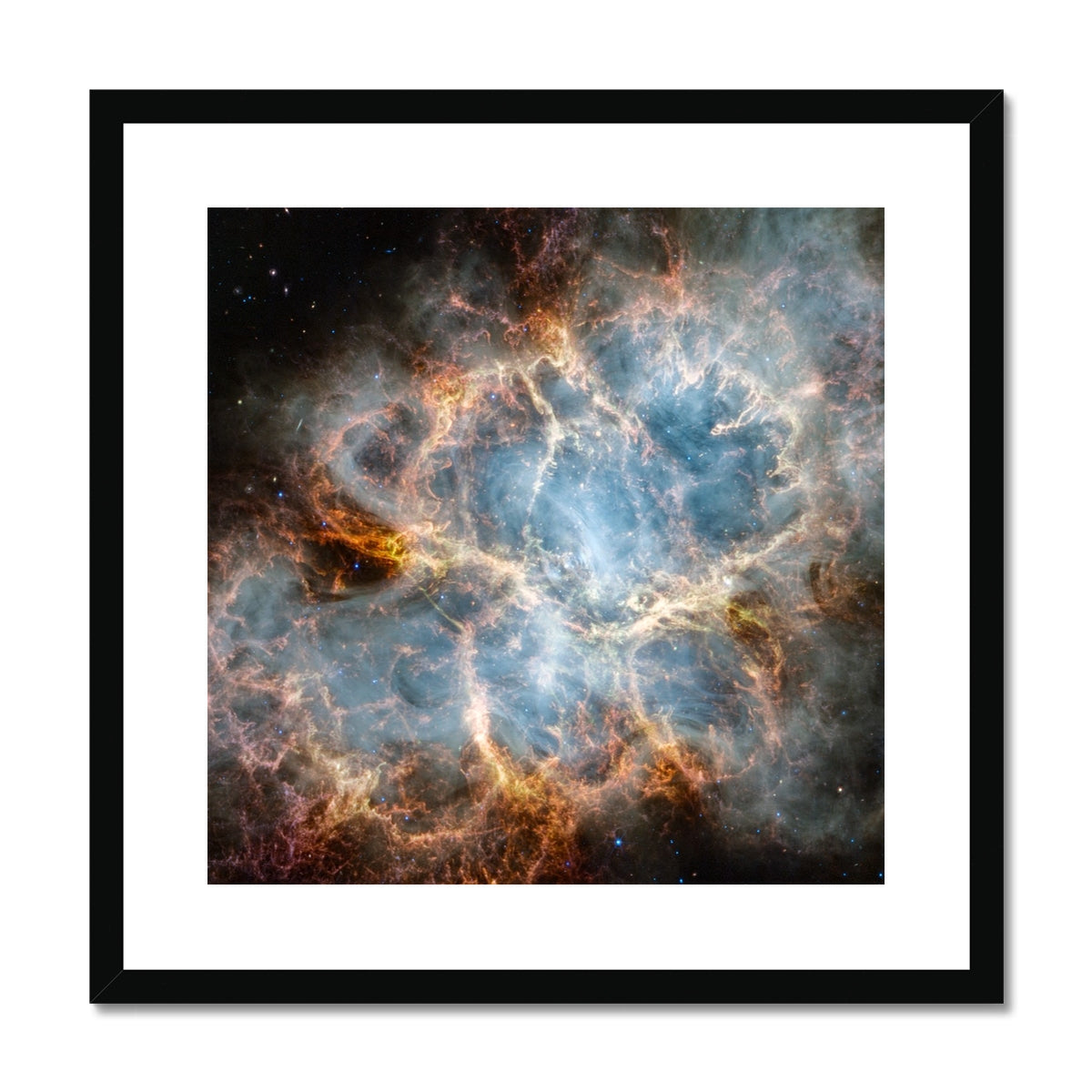 Crab Nebula framed and mounted print showing the glowing filaments of a supernova remnant in a black frame, front view
