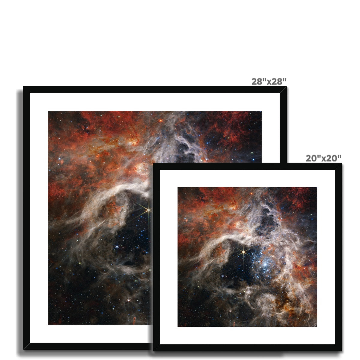 Size comparison of Tarantula Nebula framed and mounted prints in 28x28 and 20x20 inch