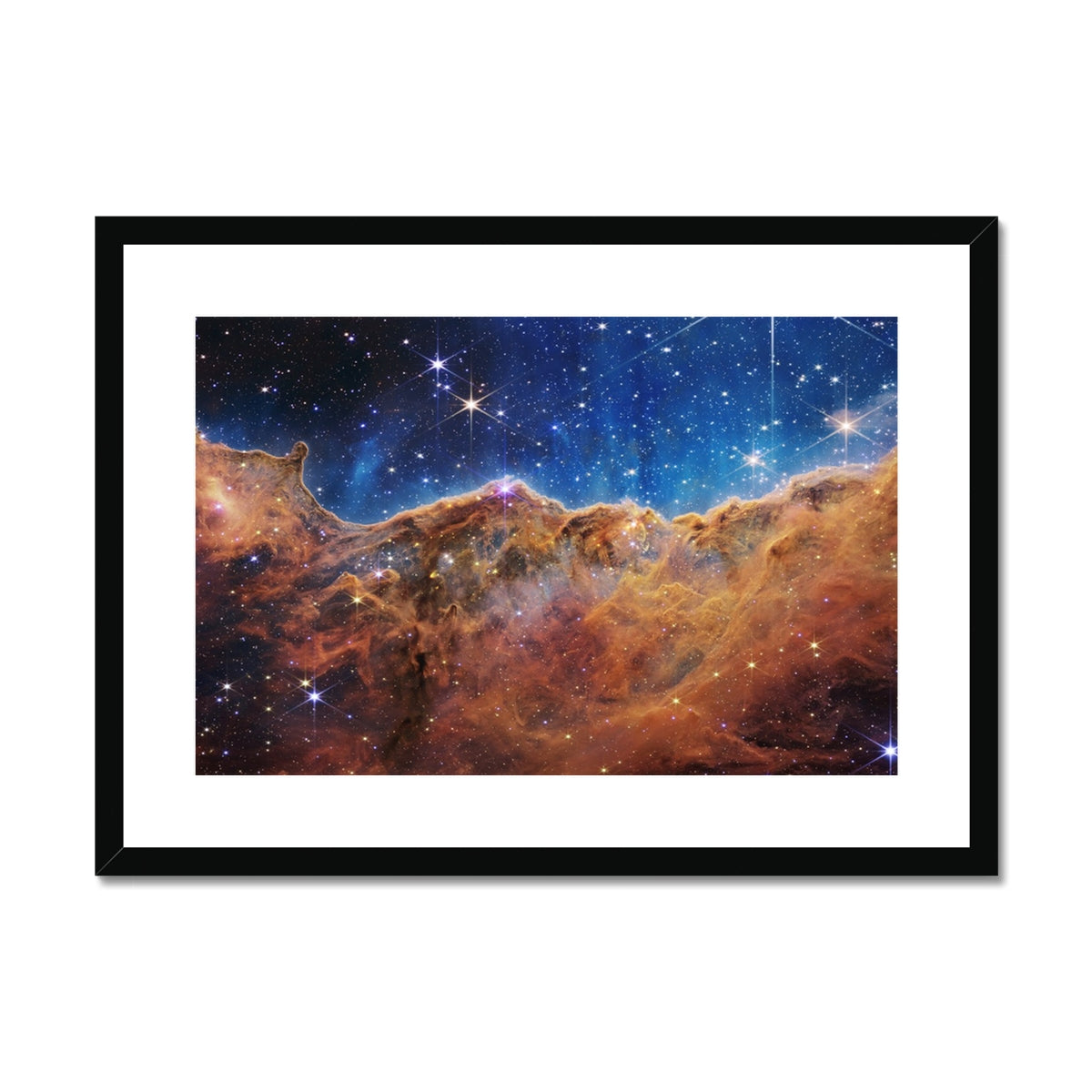 Cosmic Cliffs framed and mounted print, a James Webb Space Telescope image of the Carina Nebula in a black frame, front view
