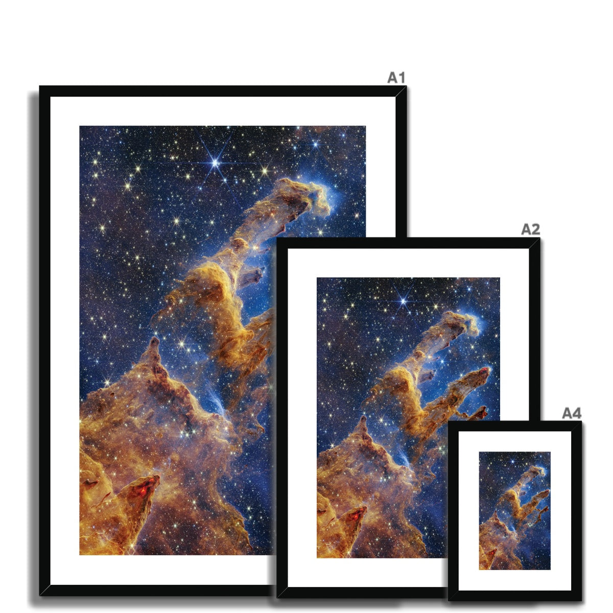 Size comparison of Pillars of Creation framed and mounted prints in a black frame, in different sizes