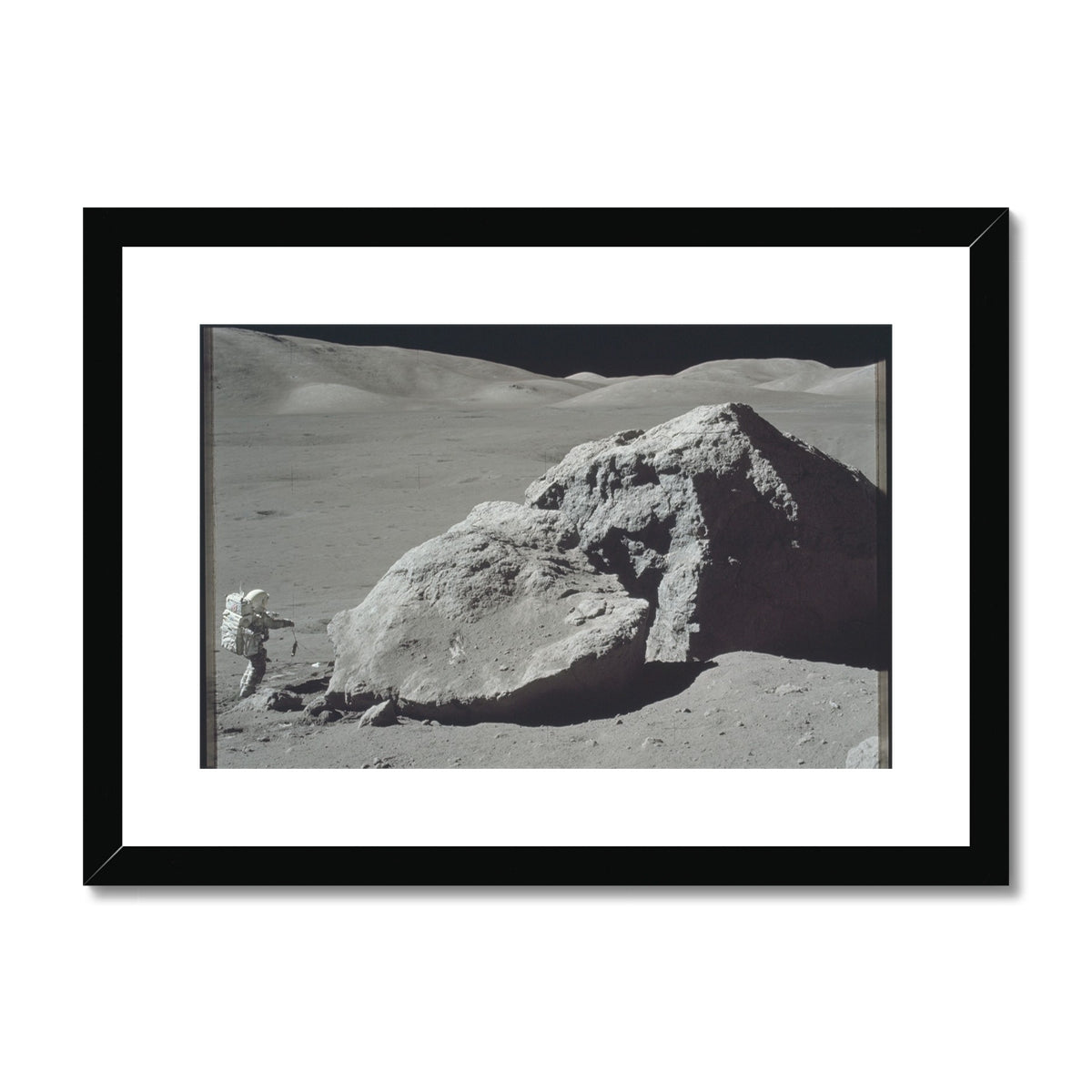 North Massif Boulder Apollo 17 framed and mounted print in a black frame, front view
