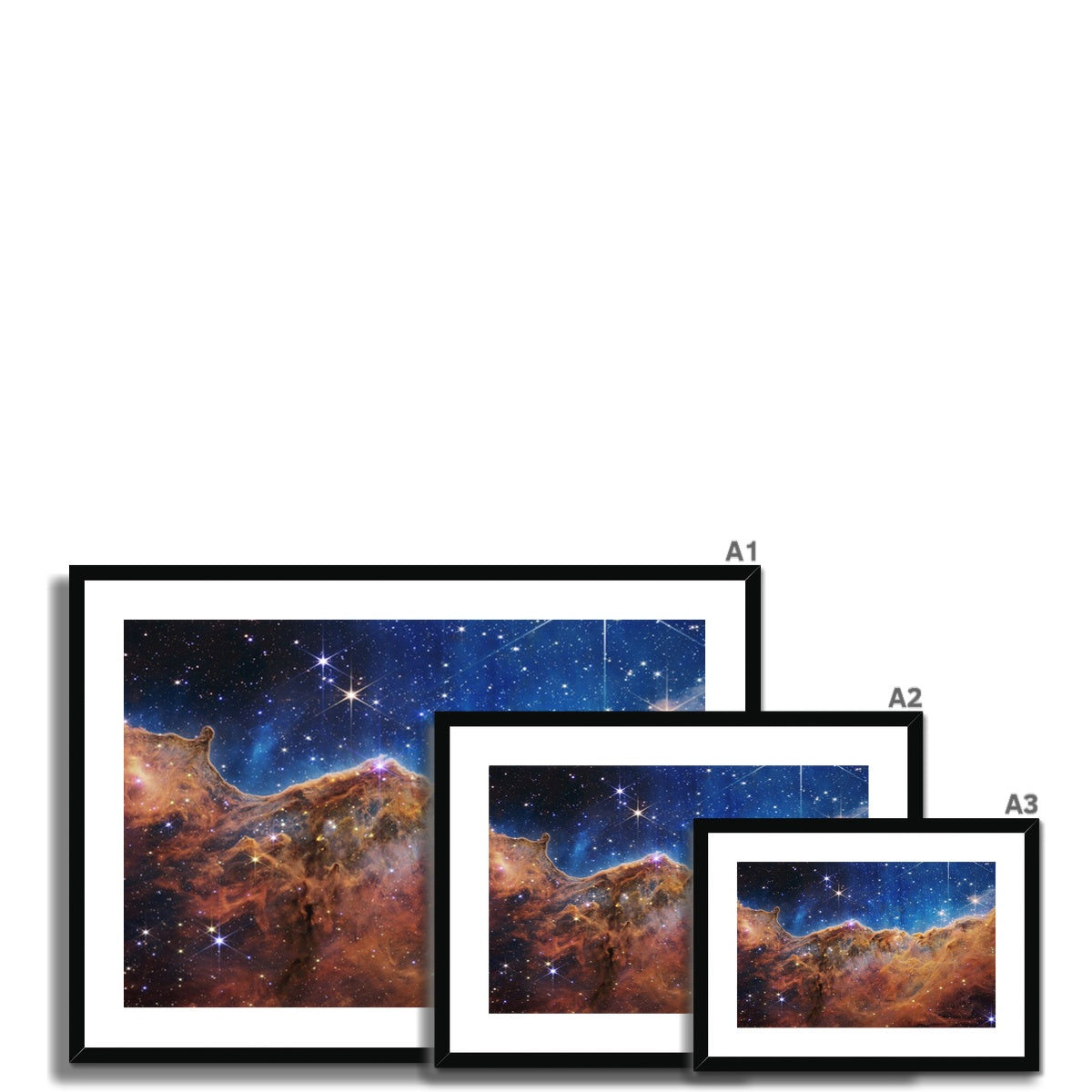 Size comparison of Cosmic Cliffs framed and mounted prints in A1, A2 and A3
