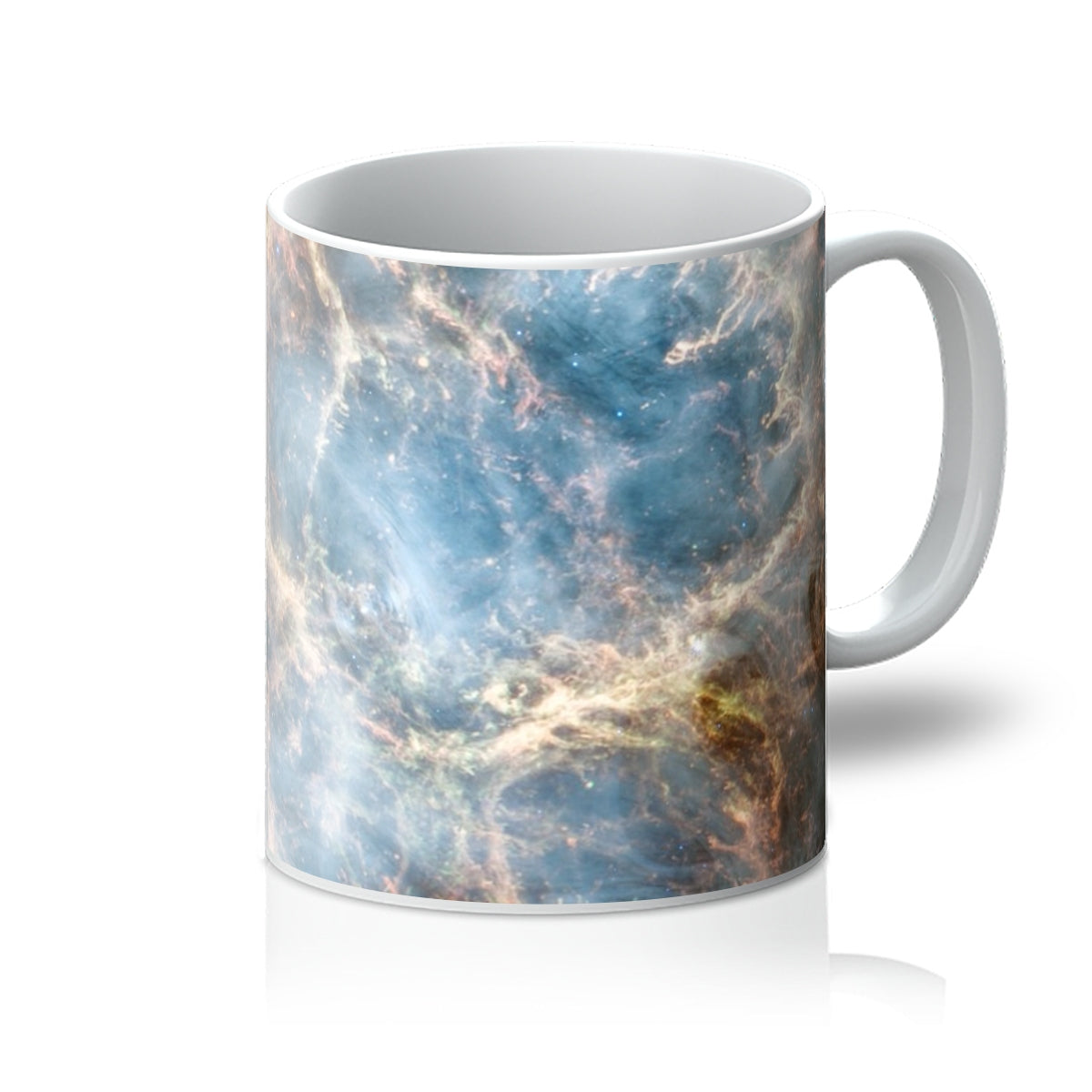Crab Nebula 11oz white mug printed with glowing filaments of gas, handle on the left