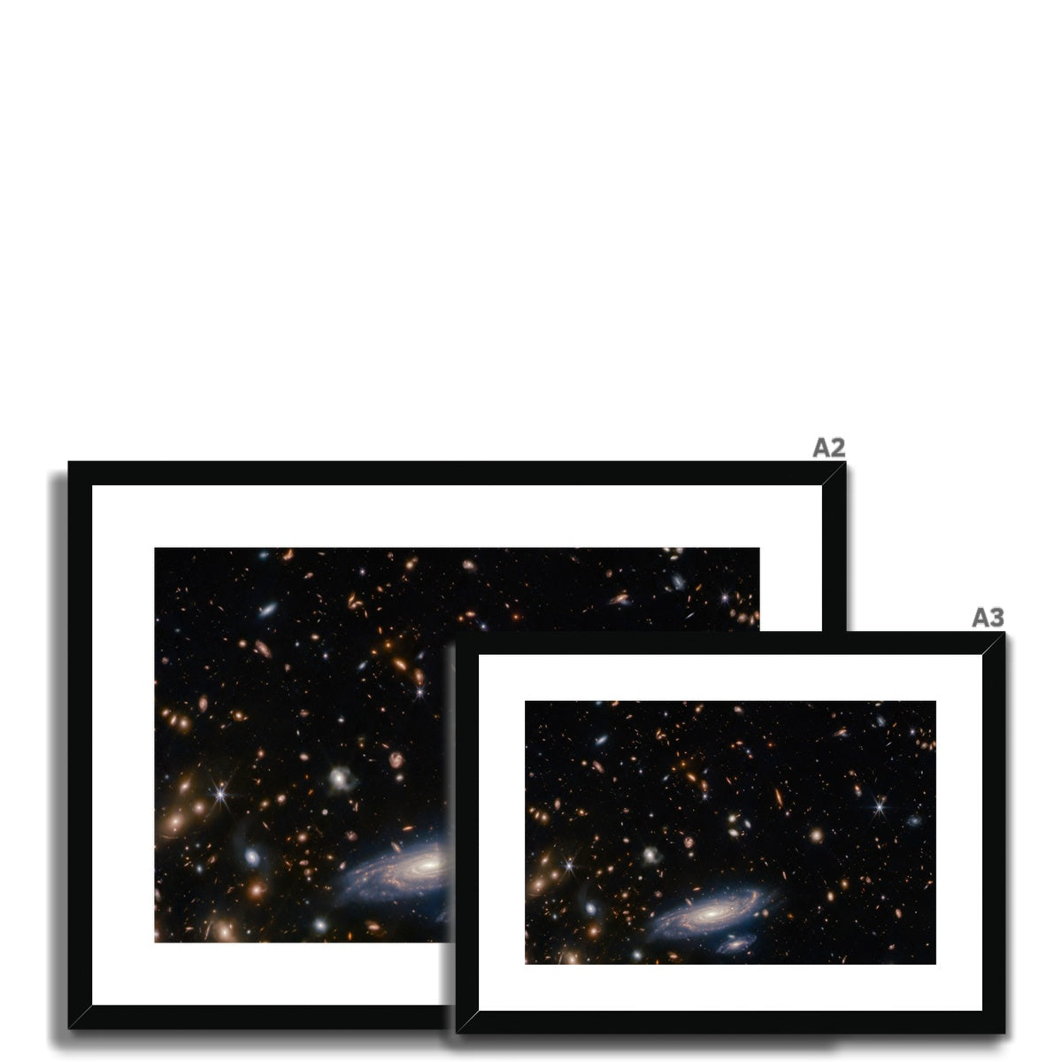 Size comparison of Spiral Amongst Thousands framed and mounted prints in a black frame, A3 and A2