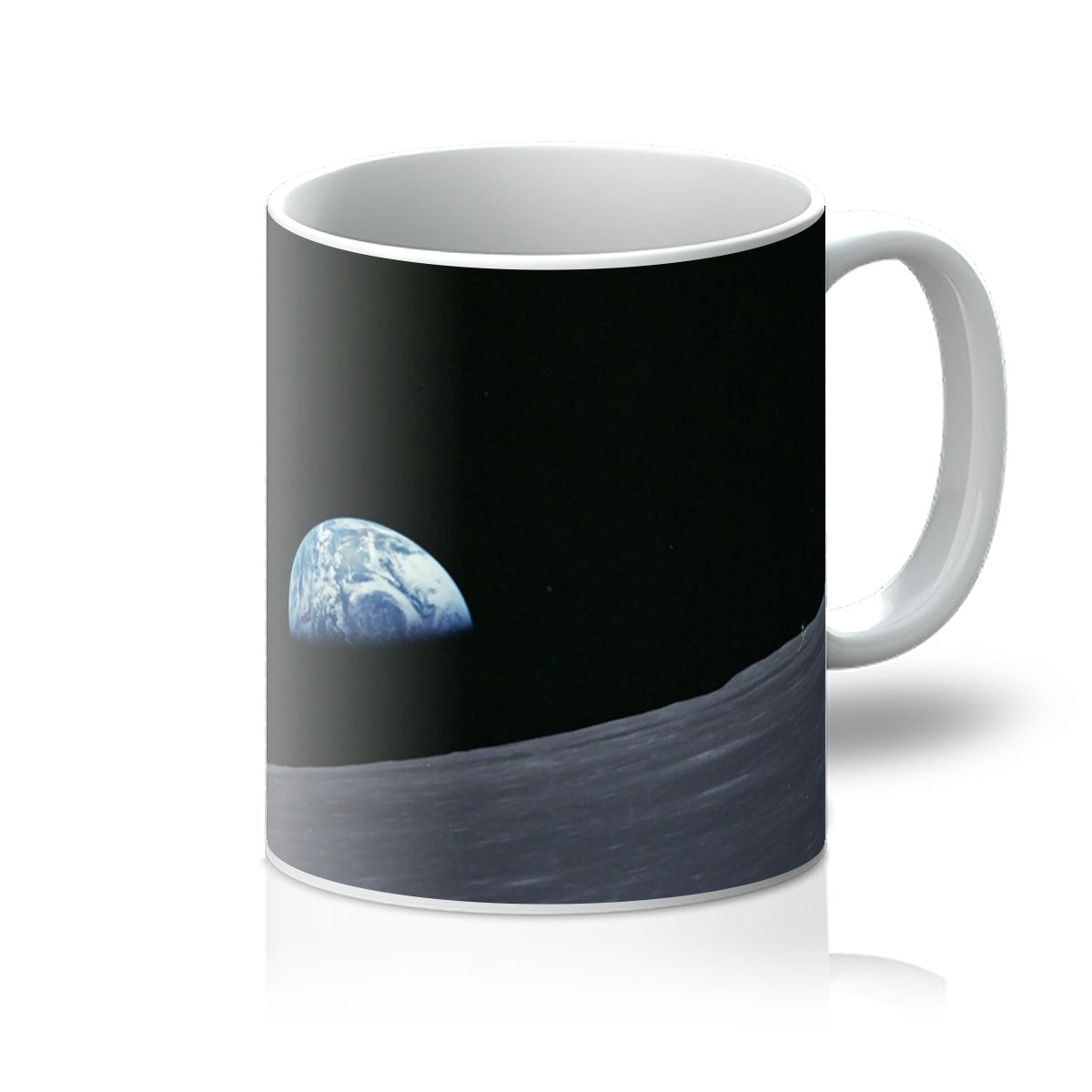 Earthrise 11oz white mug printed with Earth rising over the Moon, handle on the right