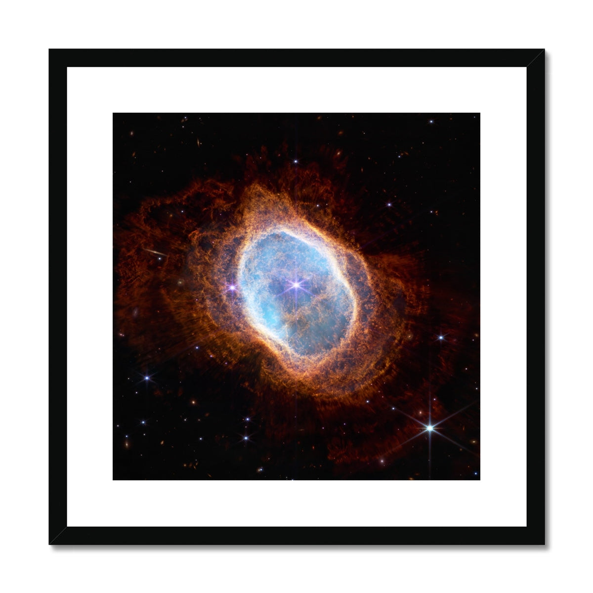 Southern Ring Nebula framed and mounted print, a James Webb Space Telescope image of glowing rings of gas around a dying star, in a black frame, front view