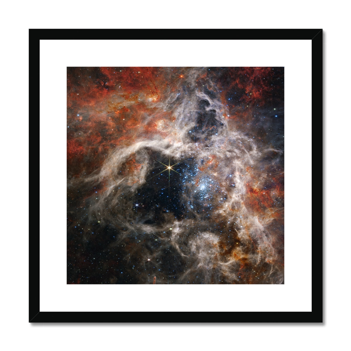 Tarantula Nebula framed and mounted print showing swirling clouds of gas and glowing stars in a black frame, front view