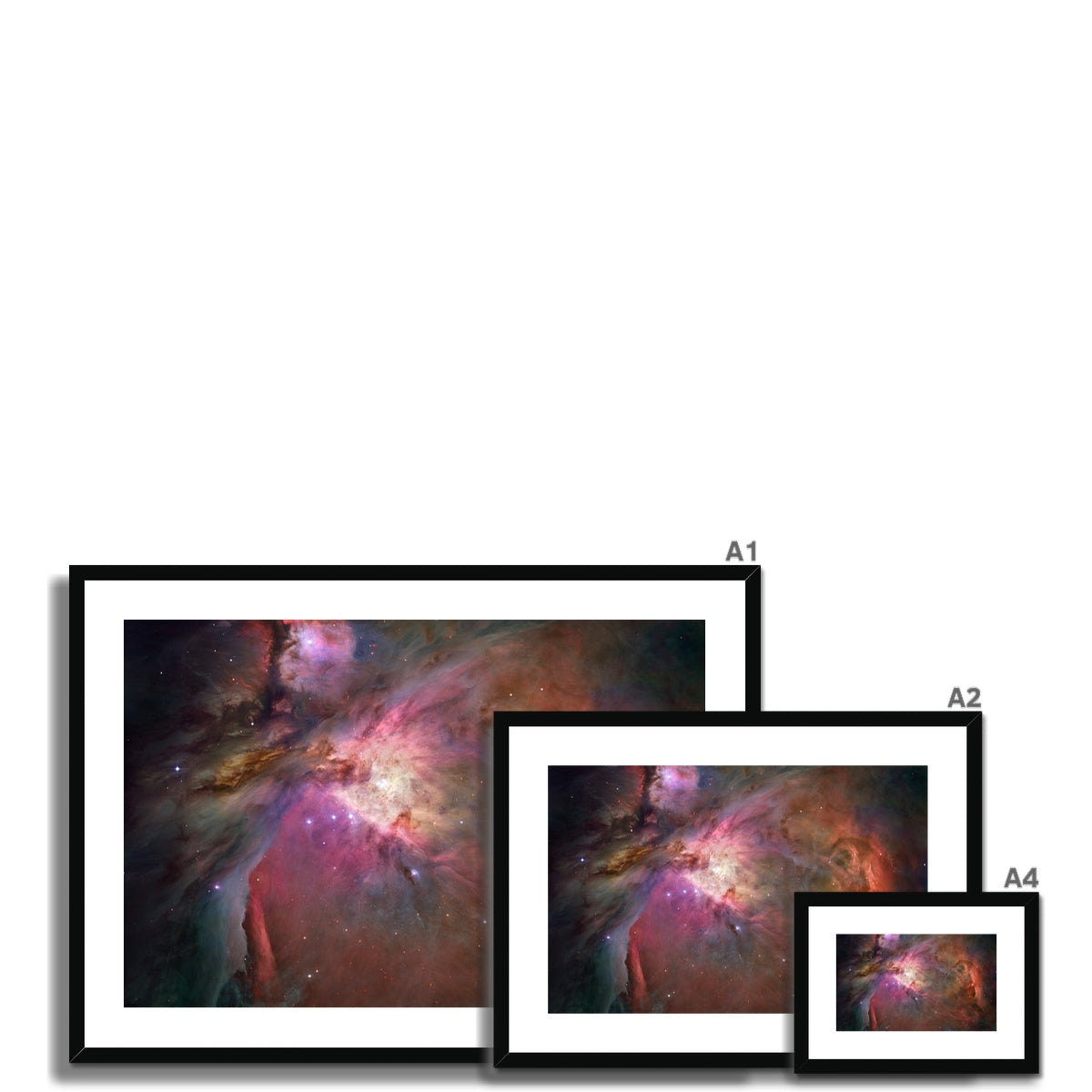 Size comparison of Orion Nebula framed and mounted prints in a black frame, in different sizes