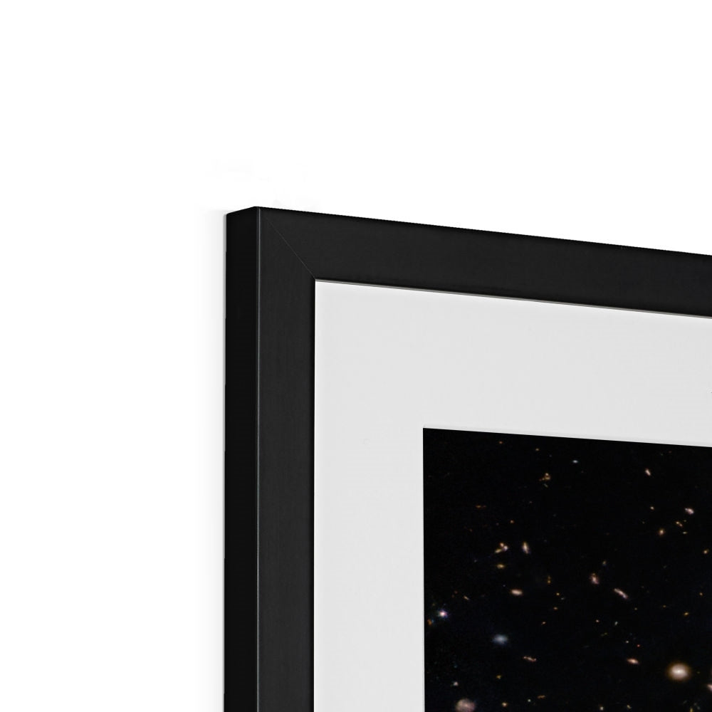 Close-up of the top corner of a Spiral Amongst Thousands framed print showing the black frame, white mount and image