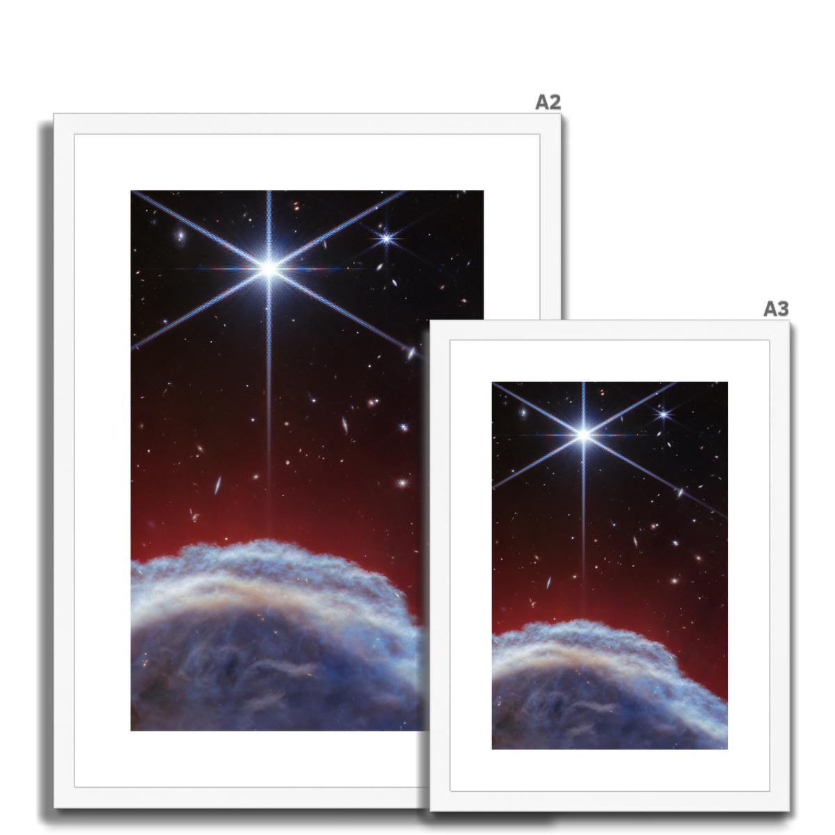 Size comparison of Behind the Horsehead Nebula framed and mounted prints in a white frame, in different sizes