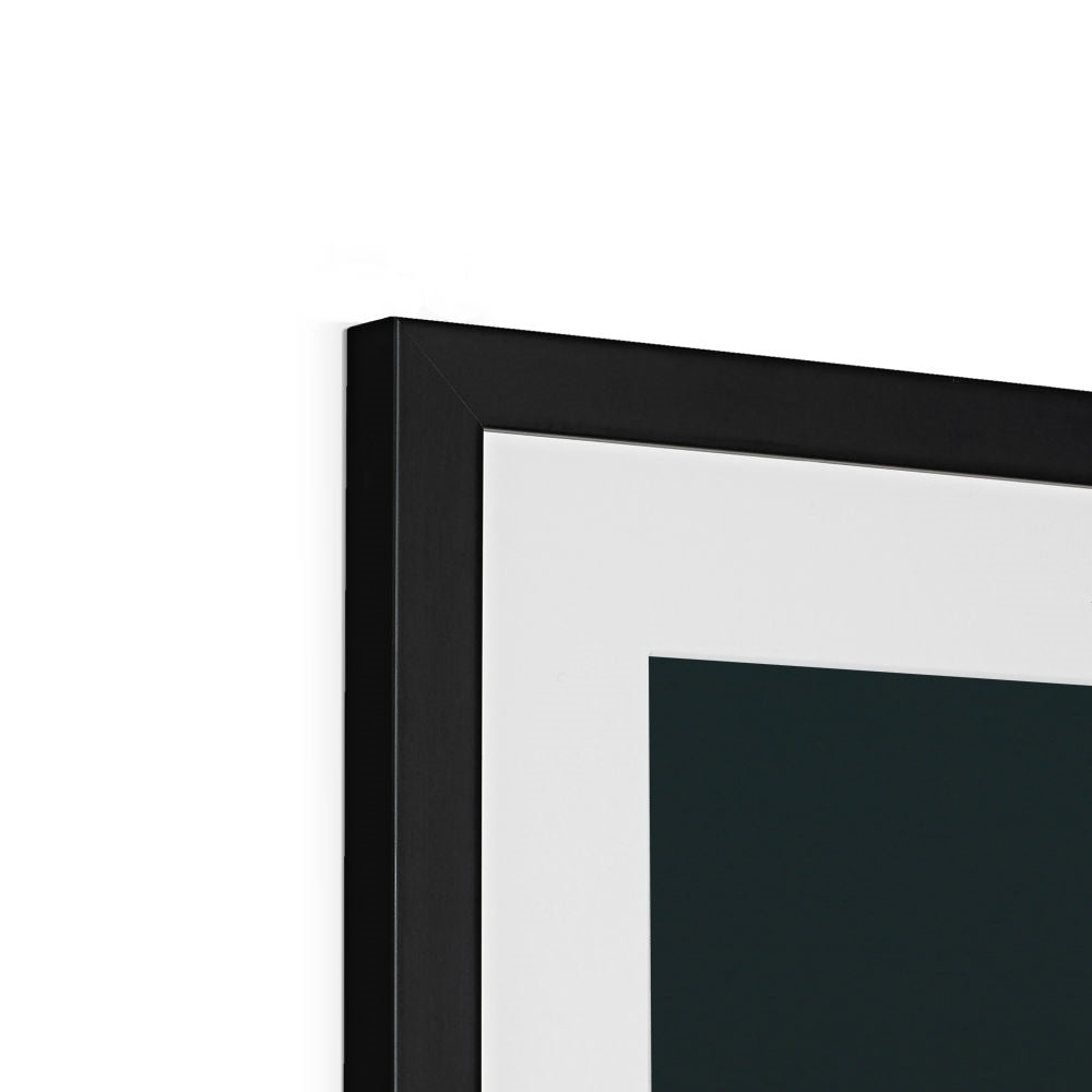 Close-up of the top corner of an Apollo 11 Lunar Module framed print showing the black frame, white mount and image