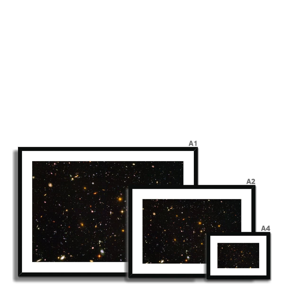 Size comparison of JWST Deep Field framed and mounted prints in different sizes