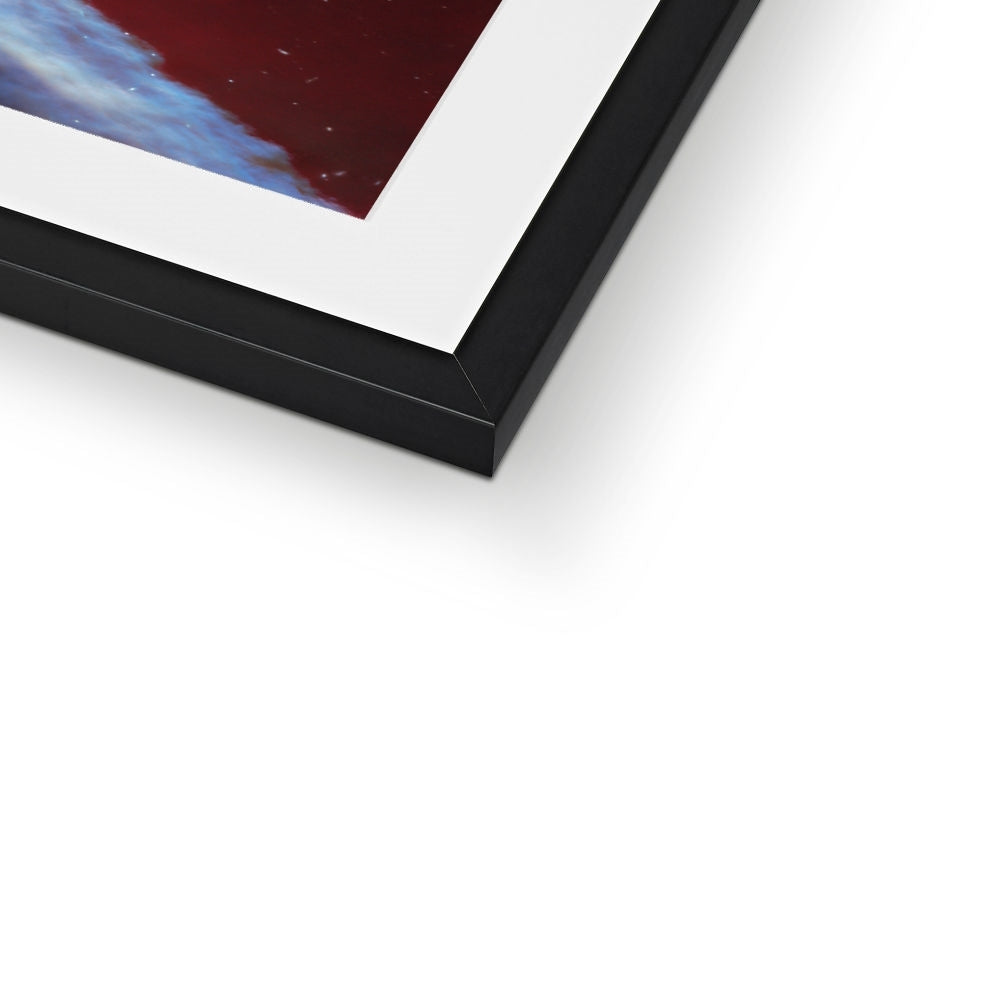 Close-up of the bottom corner of a Behind the Horsehead Nebula framed print showing the black frame and white mount