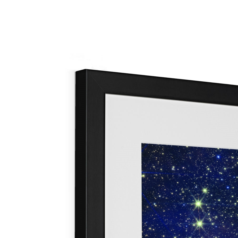 Close-up of the top corner of a Pillars of Creation framed print showing the black frame, white mount and image