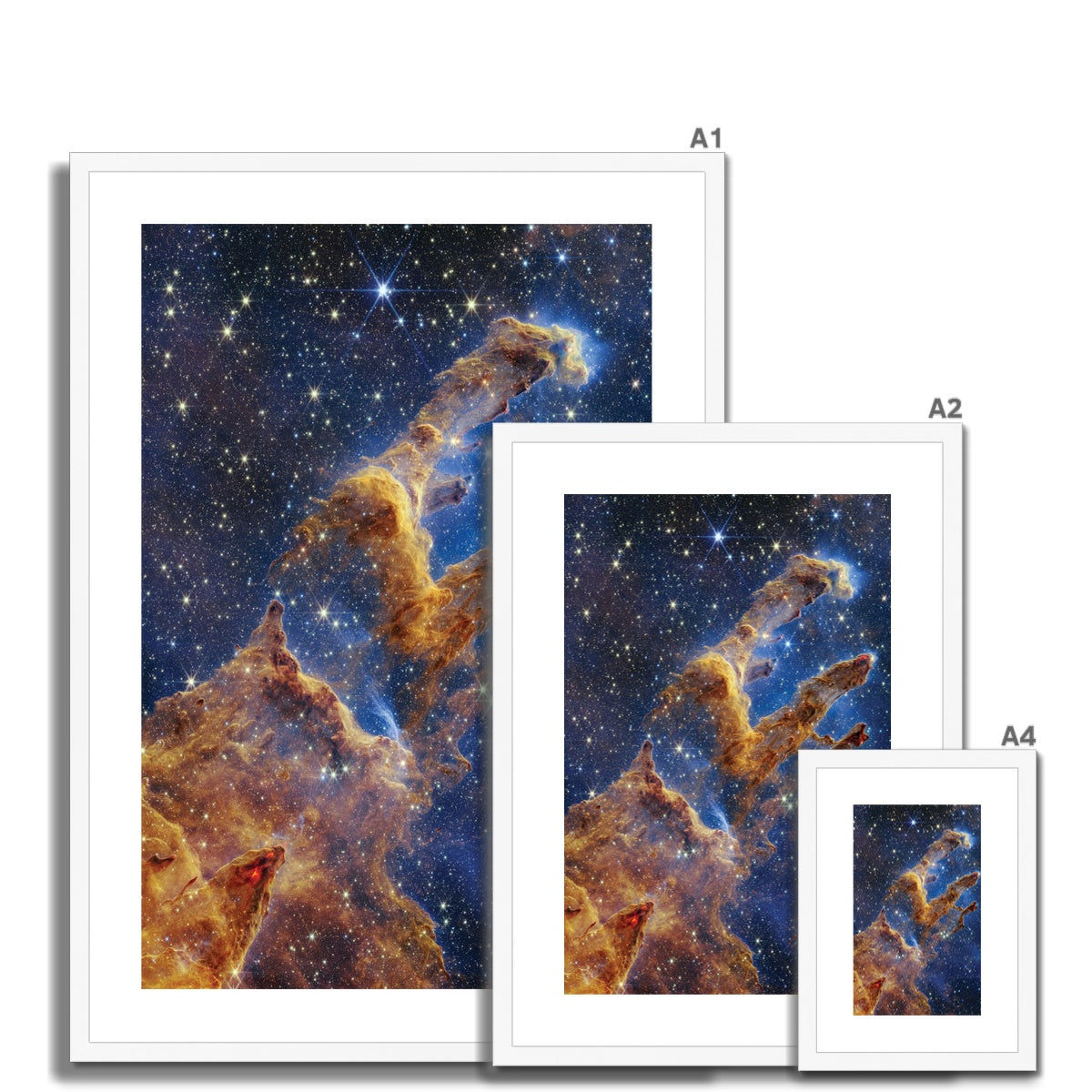 Size comparison of Pillars of Creation framed and mounted prints in a white frame, in different sizes