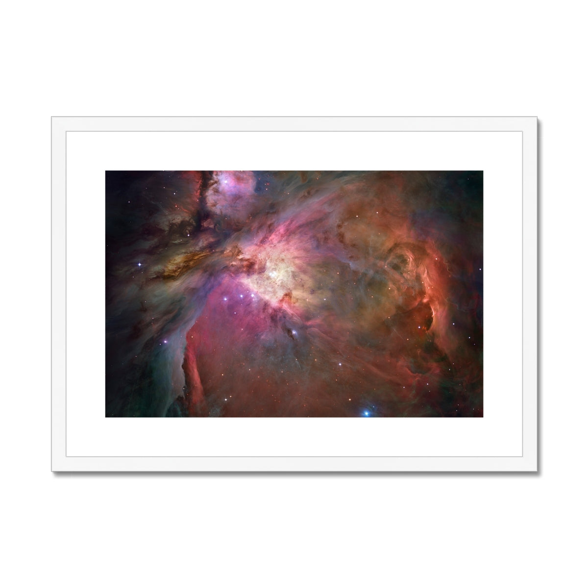 Orion Nebula framed and mounted print showing glowing clouds of gas and young stars in a white frame, front view
