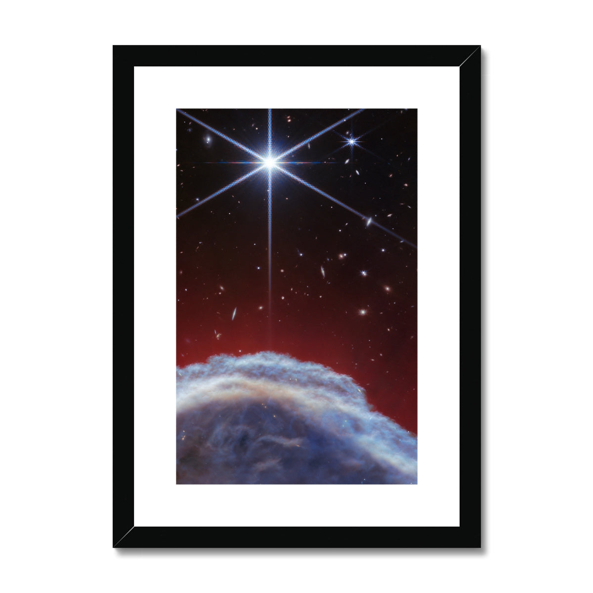 Behind the Horsehead Nebula framed and mounted print in a black frame, a James Webb Space Telescope infrared image of the Horsehead Nebula, front view