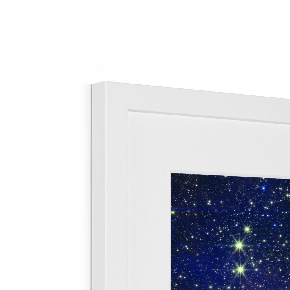 Close-up of the top corner of a Pillars of Creation framed print showing the white frame, white mount and image