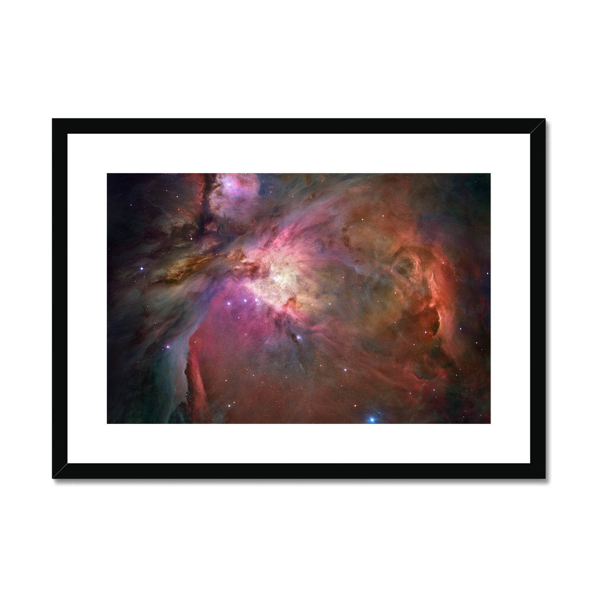 Orion Nebula framed and mounted print showing glowing clouds of gas and young stars in a black frame, front view