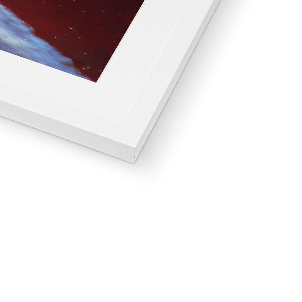 Close-up of the bottom corner of a Behind the Horsehead Nebula framed print showing the white frame and white mount