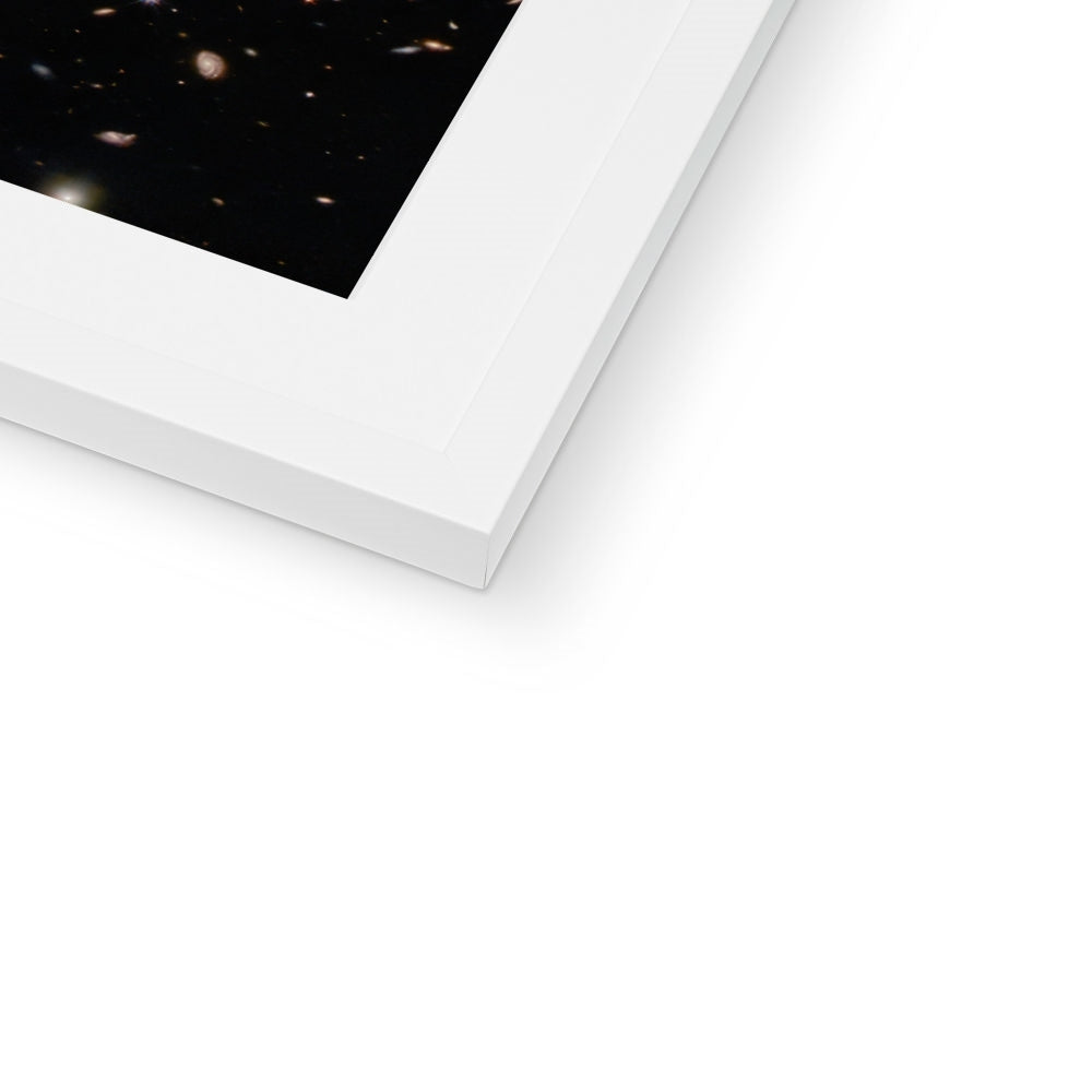 Close-up of the bottom corner of a Spiral Amongst Thousands framed print showing the white frame and white mount