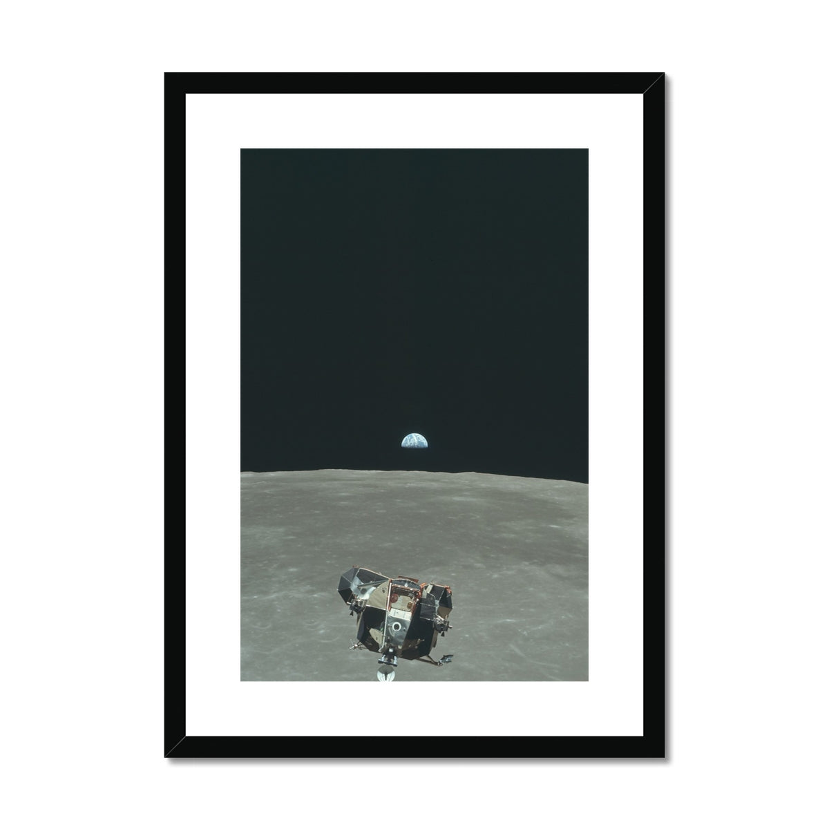 Apollo 11 Lunar Module rendezvous framed and mounted print in a black frame, front view