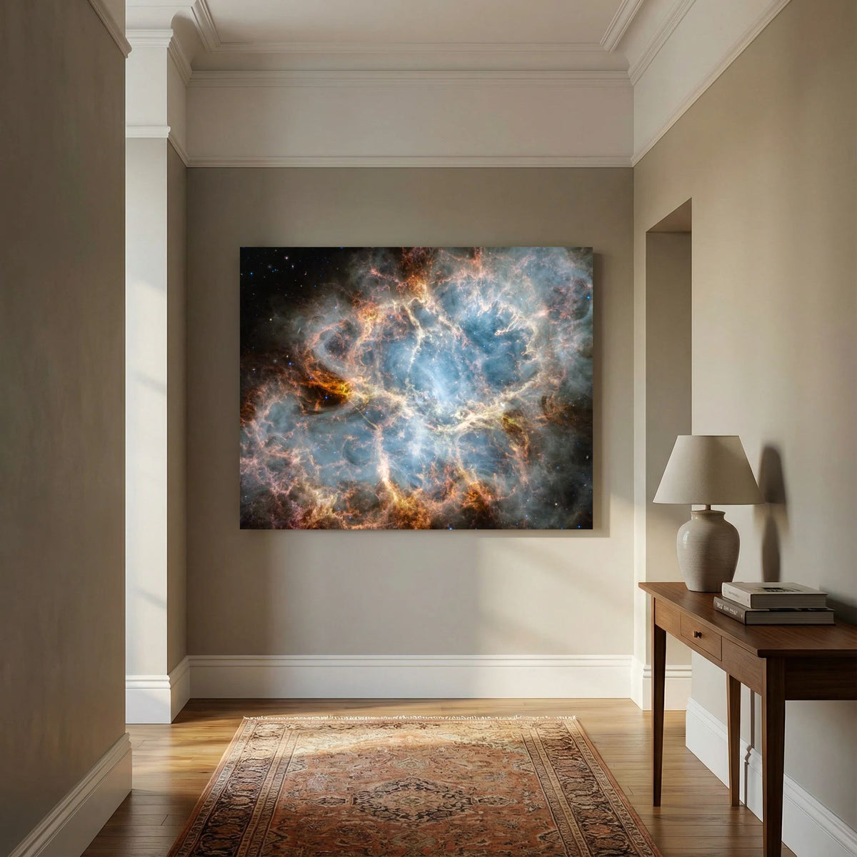 Crab Nebula giant canvas print, 150 x 120 cm, hung on a hallway wall above a wooden console table